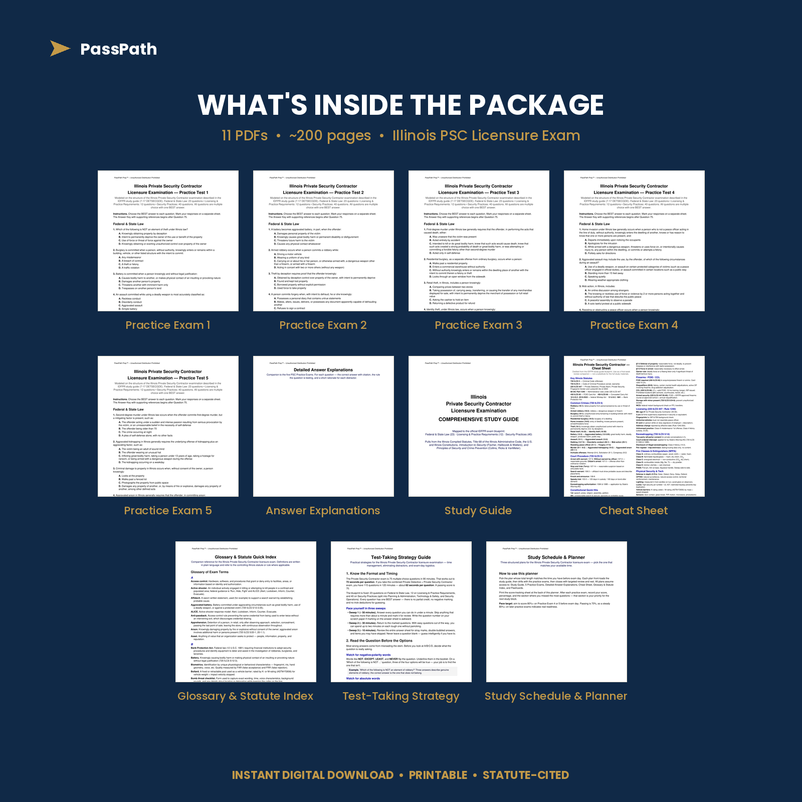 What's inside the PassPath Illinois PSC Complete Package — 11 PDFs (real page previews)