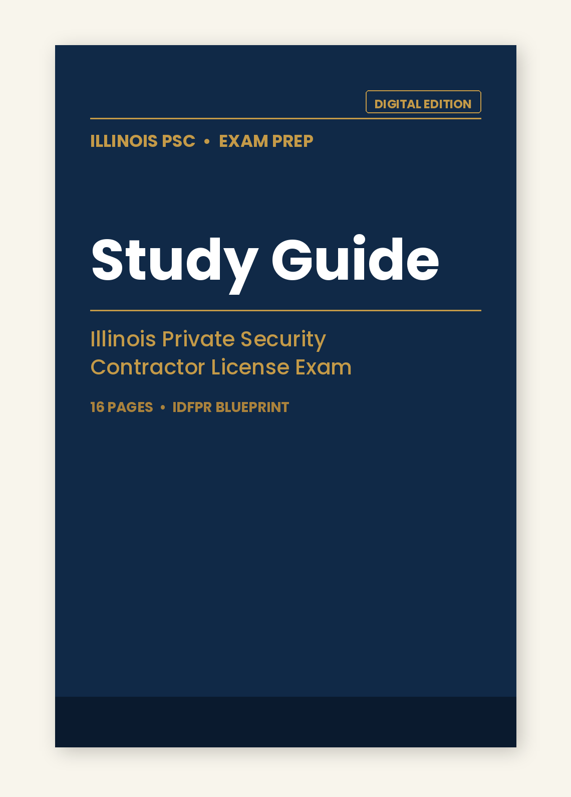 Illinois PSC Study Guide — Digital Edition cover (navy book mockup on cream)
